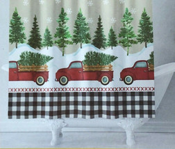 Red Farm Truck Christmas Fabric Shower Curtain Holiday 72x72&quot; Buffalo Ch... - £31.06 GBP