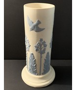 Ecanada Art Pottery Pillar Vase Blue White Trees Dove 11&quot; Tall - $21.00