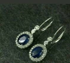 2.50 Ct Oval Cut Blue Sapphire &amp; Diamond Dangle Earrings 14K White Gold Over - £60.33 GBP