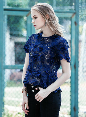 Women's Open-back Floral Guipure Blue Floral Crochet Lace Slit Top 8 10 AU STOCK