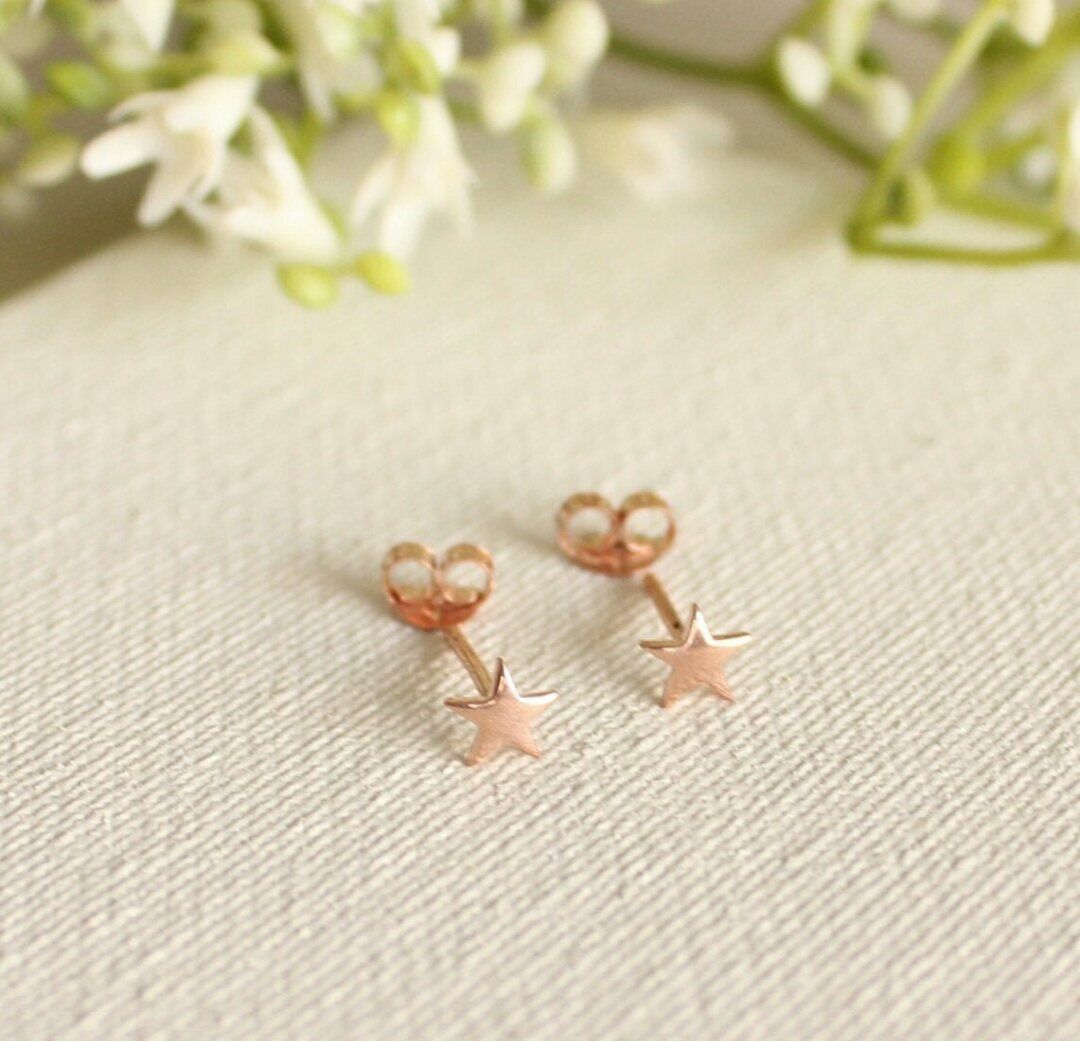 14k Solid Gold Starburst Ear Stud Gold Piercing Jewelry Celestial Star P... - $181.07