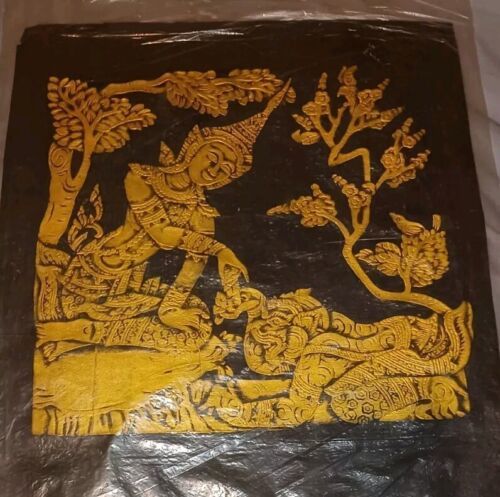 Vintage Thai Temple Rubbing Art Gold on Black Rice Paper Hunaman Nang Seeda - $45.00