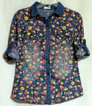 MULTICOLOR FLORAL DENIM ROLL TAB SLEEVES POCKETS BUTTON DOWN SHIRT TOP S - £5.52 GBP