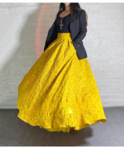 Yellow Pleated Maxi Skirt Women High Waisted Plus Size Long Party Skirt Outfit image 3
