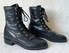 Vintage USA Justin Western Roper Lace Up Cowboy Boots-Womens 5.5A Dk Blue Kiltie - £46.28 GBP