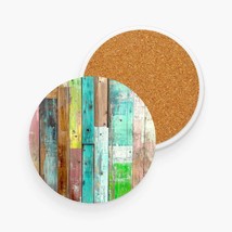 Distressed Wood Multi Colored Ceramic Cork Bottom Coaster Set Square or ... - £14.48 GBP