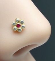 Floral Style Real Gold Pink White CZ Nose Stud Nose Pin 14k Yellow Gold - £35.48 GBP