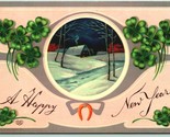 A Happy New Year Night Cabin Scene Four Leaf Clovers 1915 DB Postcard G12 - £2.10 GBP