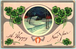 A Happy New Year Night Cabin Scene Four Leaf Clovers 1915 DB Postcard G12 - £2.10 GBP