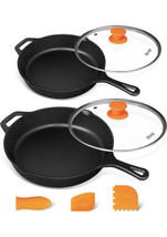 2 PRE SEASONED CAST IRON SKILLET Frying Pan Oven Safe Grill BBQ with Lid... - £31.54 GBP