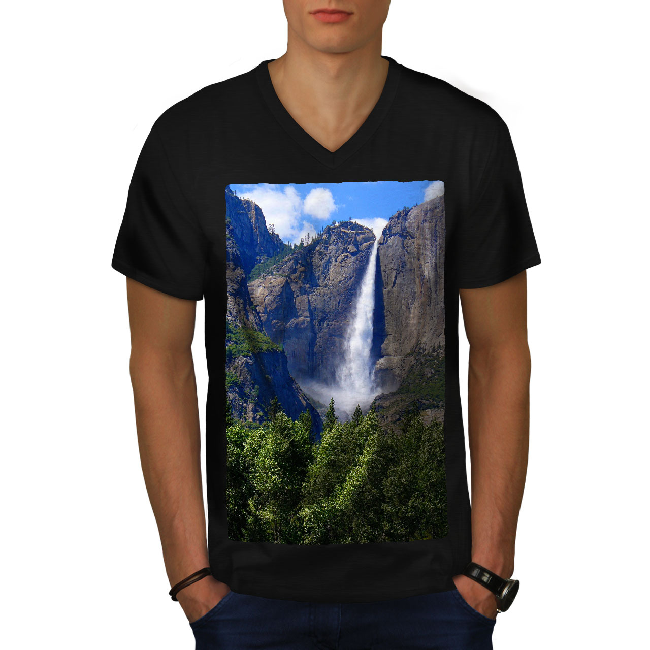 Mountain Waterfall Shirt New York Sky Men V-Neck T-shirt - £10.21 GBP