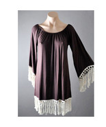 Brown Gypsy Casual Boho Tassel Fringe Flare Sleeve Off Shoulder Mini Dre... - $27.41 CAD