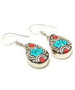 Turquoise Red Coral Bohemian Drop Dangle Jewelry Earrings Nepali 1.50&quot; S... - £7.16 GBP