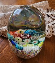 Art Glass Paperweight MiIlefiori Multicolor Floral Sea Glass Bubble Egg ... - $31.67