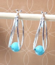 Natural Blue Turquoise Earrings in Platinum Over Sterling Silver 2.50 ctw 28mm - £28.12 GBP
