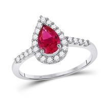 10k White Gold Pear Lab-Created Ruby Solitaire Diamond Frame Ring 1-1/5 Cttw - £380.55 GBP