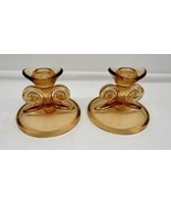 Art Deco Fostoria 2395 Depression Glass 20&#39;s Amber Swirl Scroll Candle H... - $39.55