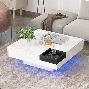 Merax Coffee Table, White Modern Square Small 16 Colors LED Lights/Remot... - $277.99