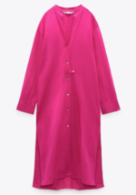 ZARA BNWT NEW. FUCHSIA LINEN TUNIC KAFTAN DRESS LONG SLEEVES COLLARED. 4... - £49.92 GBP