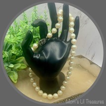 Faux Pearl Beaded Hand Knotted Necklace 16&quot; Rhinestone Clasp • Vintage Jewelry - £7.69 GBP