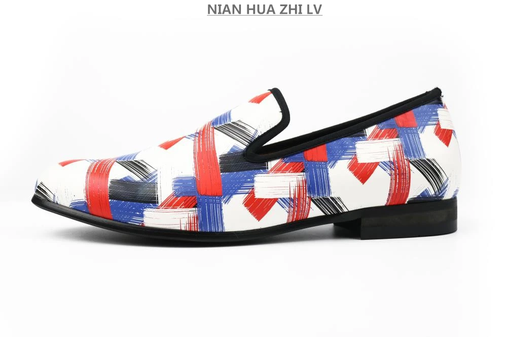 Black and red and blue three color printing men&#39;s leather shoes. Handmad... - $95.21