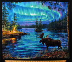 35&quot; X 44&quot; Panel Moose Northern Lights Northwoods Landscape Cotton Fabric D762.46 - £10.06 GBP