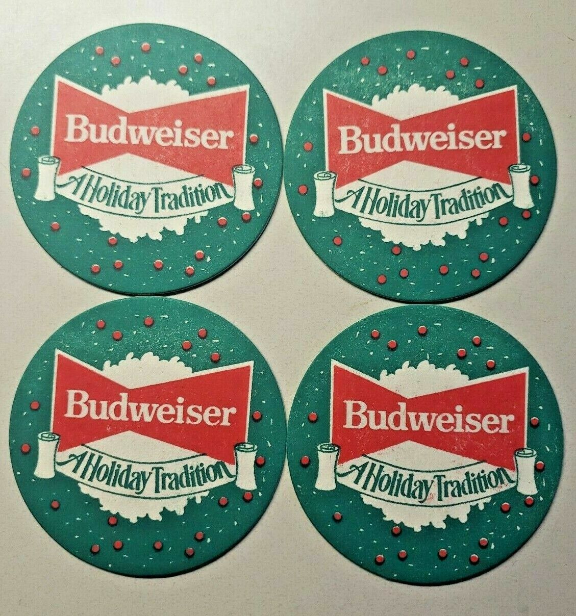 Vintage 1950s Budweiser Beer Set of 4 Holiday Coaster St. Louis, MO 3.5" PB61 - $10.99
