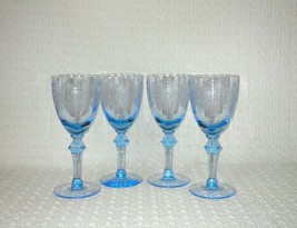 Fry Etch 63 Electric Blue Optic Wine Glasses Goblets with Wafer Stem ~ S... - £54.29 GBP