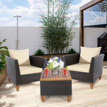 3 PCS Outdoor Patio Rattan Bistro Furniture Set Wooden Table Top Cushioned Sofa - £272.52 GBP