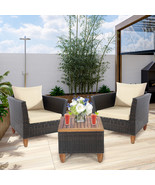 3 PCS Outdoor Patio Rattan Bistro Furniture Set Wooden Table Top Cushion... - £244.03 GBP