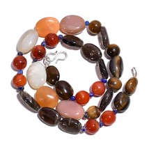 Natural Tiger Eye Carnelian Moonstone Gemstone Smooth Beads Necklace 17&quot; UB-4320 - £7.83 GBP
