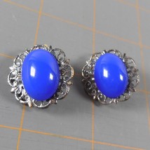 Blue Clip On Earrings Silver Plated Vintage Filigree Lace Design Center ... - $12.00