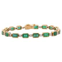 18k Yellow Gold Genuine Emerald Diamond Tennis Bracelet, Party Wear Jewelry - £4,728.80 GBP