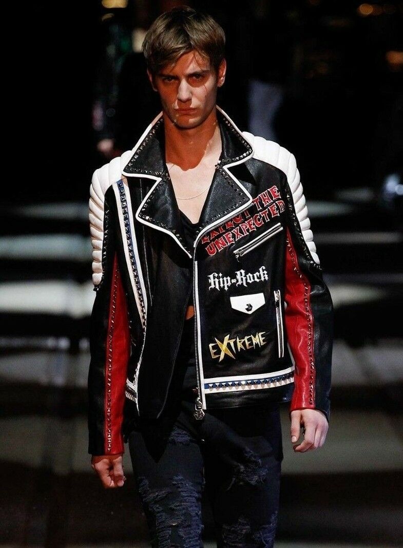Black PHILIPP PLEIN Studded Leather Jacket Patches Handmade Biker Slim fit Style