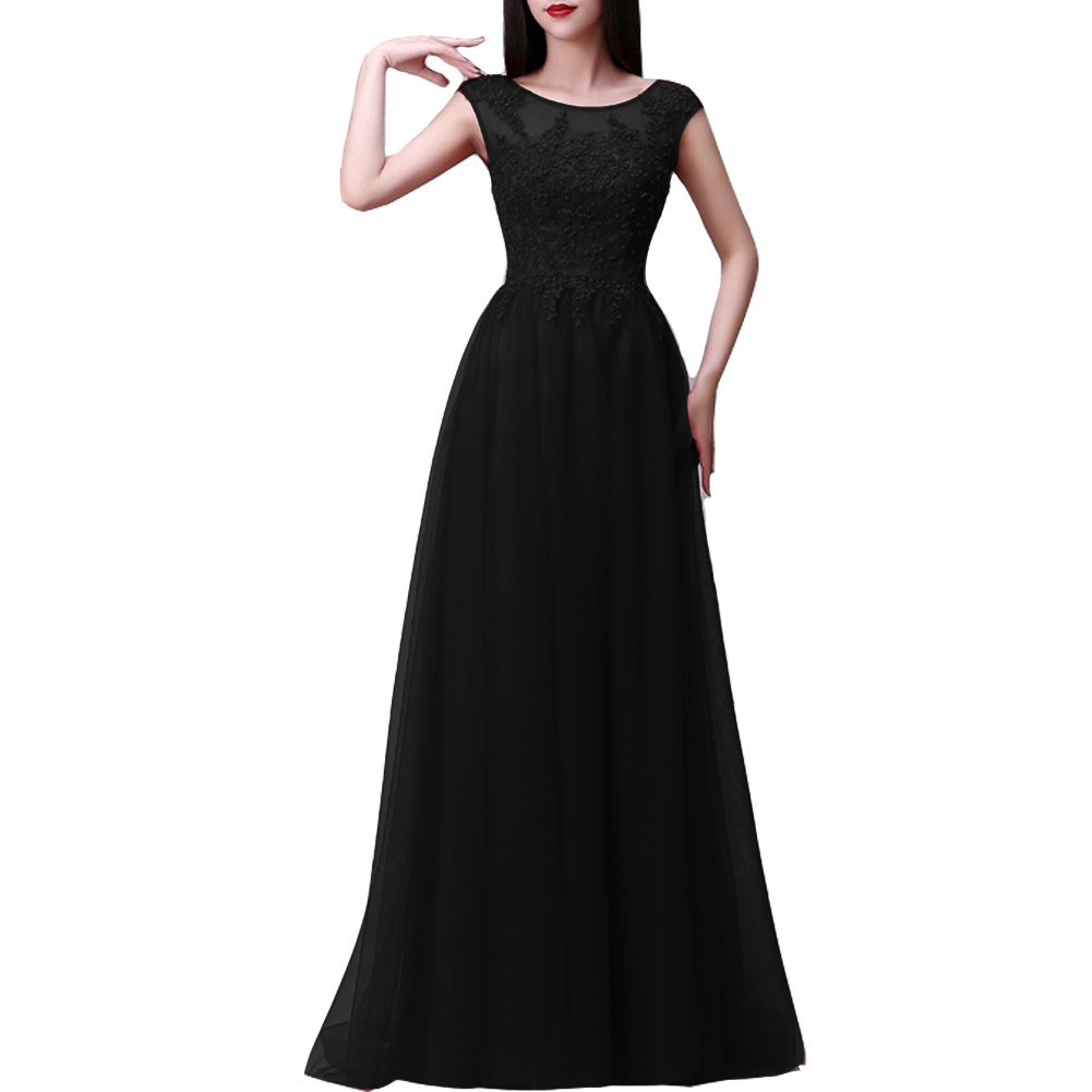 Kivary Tulle A Line Cap Sleeves Sheer Lace Appliques Corset Long Prom Evening Dr
