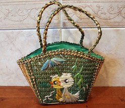 Cute Vintage Raffia Duck Purse Plastic Lined Straw Asian Style Green Sma... - $15.84