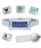 Blue Rectangle Italian Charm Watch Bracelet Plus Tool and Stainless Stee... - $25.64 CAD