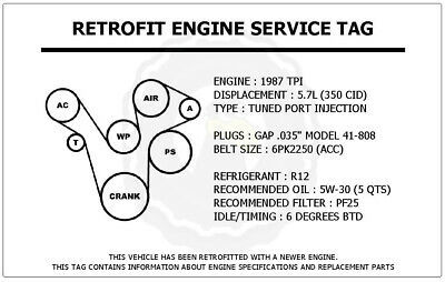 1987 TPI 5.7L Corvette Retrofit Engine Service Tag Belt Routing Diagram Decal - £11.72 GBP
