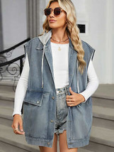 Removable Hood Button Up Cap Sleeve Denim Jacket - £35.67 GBP