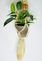 Woven Macrame Plant Hanger White Wood Beads 36&quot; Long Vintage BOHO MCM - $21.51