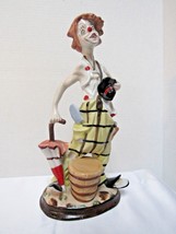 Vtg 10&quot; Clown Tipping Hat Leaning on an Umbrella &amp; Rain Barrel Statue Figurine  - £31.96 GBP