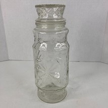 Vintage 1980 Planters Mr Peanut 10&quot; Pressed Glass Jar Clear Starburst Design Lid - £14.00 GBP