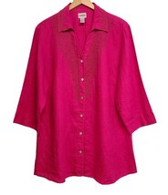 Chicos Linen Tunic Womens 3 Fuchsia Pink Beaded Button Front Lagenlook Relaxed - £14.56 GBP