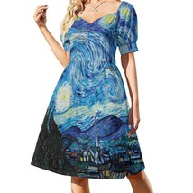 Woman Van Gogh Starry Night Sweetheart Neck Puff Sleeve Dress (Size 2XS to 6XL) - £22.91 GBP
