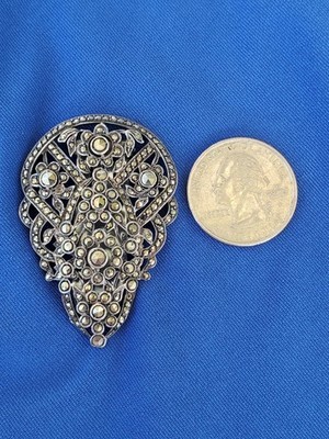 Vintage Art Deco Sterling Silver 935 Diamond Cut Marcasite Large Pin Brooch Clip Item image 11