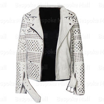 New Women&#39;s White Punk Silver Studded Classic Designed Biker Leather Jacket-975 - $459.99