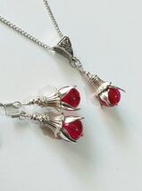Ruby red silver jewelry set necklace earrings Victorian jewelry set Bohe... - $52.00