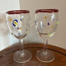 2 Hand Blown Art Glass Wine Goblets Water Glasses Millefiori Style 7.5” - £17.01 GBP