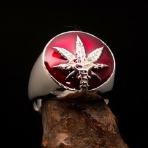 Men&#39;s Ring Cannabis Leaf Marihuana red Medical Weed Symbol - Sterling Silver - £58.47 GBP