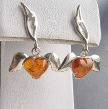 VINTAGE 925 STERLING SILVER HEART BALTIC AMBER, ANGEL WINGS DROP EARRINGS - $884.36 MXN